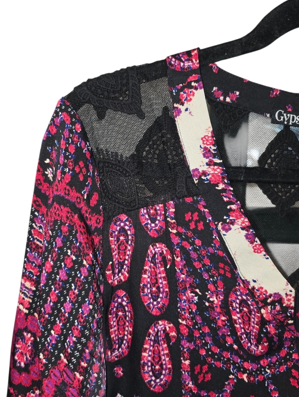 Gypsy 05 Silk Boho Pink Black Paisley Floral V-neck Mini Dress Lace Back Size S. - Picture 4 of 14